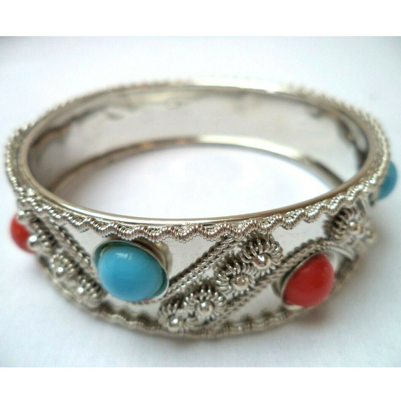 silver coral turquoise tone bangle bracelet - Picture 2 of 2